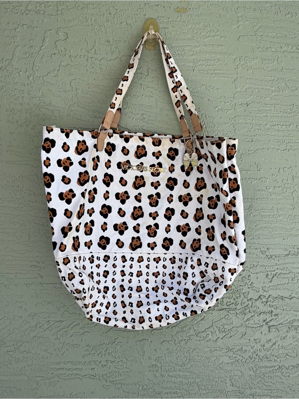 Victoria's Secret White Leopard-Print Tote with Tan Handles